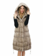 Gilet 94 cm silverblue visone orizzontale e rex 52 pelliccia cappuccio coulisse