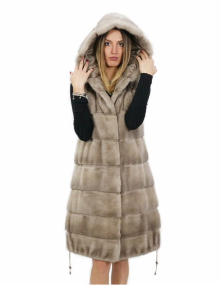 Gilet 94 cm silverblue visone orizzontale e rex 52 pelliccia cappuccio coulisse