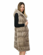 Gilet 94 cm silverblue visone orizzontale e rex 52 pelliccia cappuccio coulisse