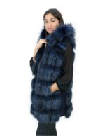 Fox fur vest 48 and blue leather zip closure and outer fur hood - Image 3