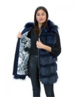 Fox fur vest 48 and blue leather zip closure and outer fur hood - Image 7