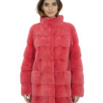 Corallo pelliccia visone tasche boccale 44 orizzontale collo coreana lungo 86 cm donna