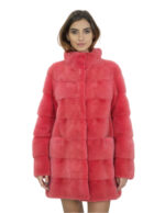 Corallo pelliccia visone tasche boccale 44 orizzontale collo coreana lungo 86 cm donna