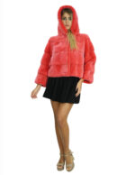 Giacca visone pelliccia orizzontale corallo 48 cappuccio 54 centimetri manica tre quarti