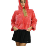 Giacca visone pelliccia orizzontale corallo 48 cappuccio 54 centimetri manica tre quarti