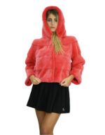 Giacca visone pelliccia orizzontale corallo 48 cappuccio 54 centimetri manica tre quarti