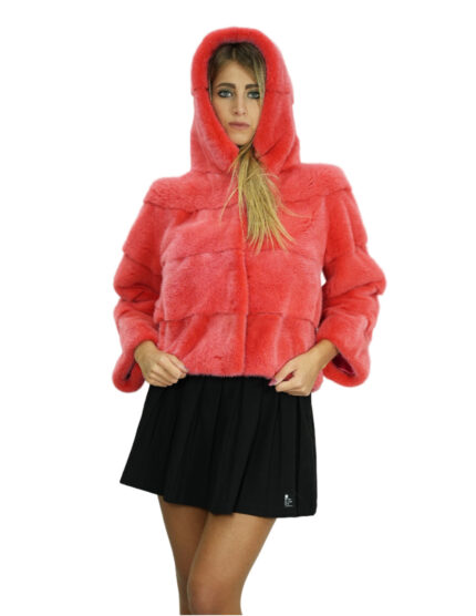 Giacca visone pelliccia orizzontale corallo 48 cappuccio 54 centimetri manica tre quarti