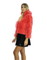 Giacca visone pelliccia orizzontale corallo 48 cappuccio 54 centimetri manica tre quarti