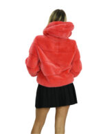 Giacca visone pelliccia orizzontale corallo 48 cappuccio 54 centimetri manica tre quarti