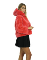 Giacca visone pelliccia orizzontale corallo 48 cappuccio 54 centimetri manica tre quarti