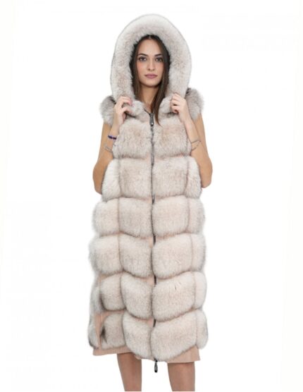 Gilet lungo in pelliccia di volpe rosa 44 con cappuccio e pelle scamosciata 112 centimetri
