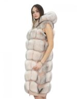 Gilet lungo in pelliccia di volpe peonia rosa 48 con cappuccio e pelle scamosciata 112 centimetri