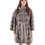 Cappotto visone orizzontale campana con maniche tre quarti 44 blue iris collo pistagna cintura