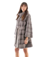 Cappotto visone orizzontale campana con maniche tre quarti 44 blue iris collo pistagna cintura