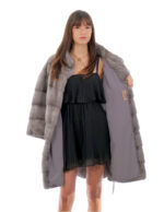 Cappotto visone orizzontale campana con maniche tre quarti 44 blue iris collo pistagna cintura