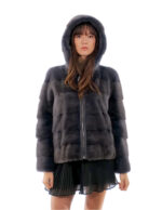 Giacca visone orizzontale con zip 42 grigio scuro antracite manica lunga cappuccio