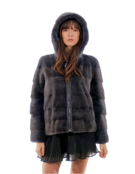 Giacca visone orizzontale con zip 42 grigio scuro antracite manica lunga cappuccio