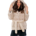 Giacca visone orizzontale cappuccio con collo scollato 42 beige manica lunga cintura