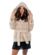Giacca visone orizzontale cappuccio con collo scollato 42 beige manica lunga cintura