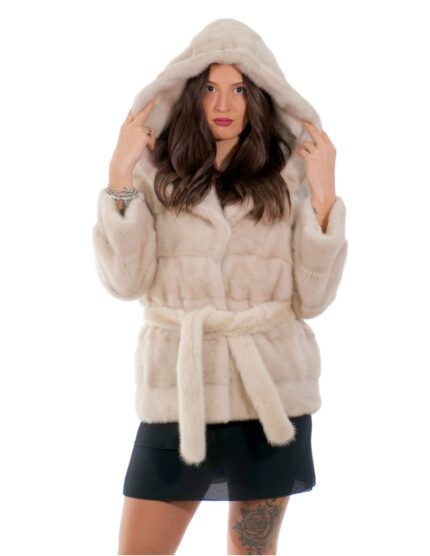 Giacca visone orizzontale cappuccio con collo scollato 42 beige manica lunga cintura