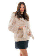 Giacca visone orizzontale cappuccio con collo scollato 42 beige manica lunga cintura