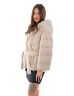 Giacca visone orizzontale cappuccio con collo scollato 42 beige manica lunga cintura