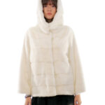 Giacche bianco ottico orizzontale 44/52 maniche pelle intera cappuccio visone pelliccia coulisse