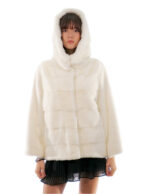 Giacche bianco ottico orizzontale 44/52 maniche pelle intera cappuccio visone pelliccia coulisse