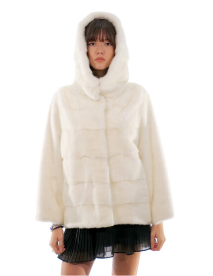 Giacche bianco ottico orizzontale 44/52 maniche pelle intera cappuccio visone pelliccia coulisse