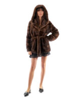 Horizontale Nerzjacke Kapuze mit niedrig geschnittenem Kragen 40 Demi Klarer Langarmgürtel – Bild 5