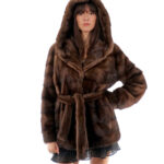 Giacca visone orizzontale cappuccio con collo scollato 40 demi chiaro manica lunga cintura