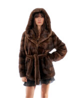 Giacca visone orizzontale cappuccio con collo scollato 40 demi chiaro manica lunga cintura