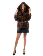 Horizontale Nerzjacke Kapuzenkragen 44 Demi Dunkler Langarmgürtel – Bild 5