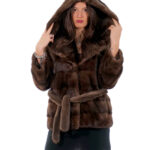 Giacca visone orizzontale cappuccio con collo scollato 44 demi scuro manica lunga cintura