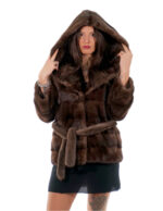 Giacca visone orizzontale cappuccio con collo scollato 44 demi scuro manica lunga cintura
