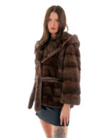 Horizontale Nerzjacke Kapuzenkragen 44 Demi Dunkler Langarmgürtel – Bild 4