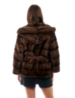 Horizontale Nerzjacke Kapuzenkragen 44 Demi Dunkler Langarmgürtel – Bild 6