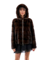 Giacca visone orizzontale con zip 44 demi buff scuro marrone manica lunga cappuccio