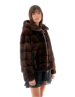 Giacca visone orizzontale con zip 44 demi buff scuro marrone manica lunga cappuccio