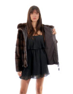 Giacca visone orizzontale con zip 44 demi buff scuro marrone manica lunga cappuccio