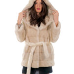 Giacca visone orizzontale cappuccio con collo scollato 42 beige panna manica lunga cintura