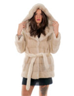 Giacca visone orizzontale cappuccio con collo scollato 42 beige panna manica lunga cintura