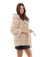Horizontal Mink Jacket Hood with Low-Cut Collar 42 Beige Cream Long Sleeve Belt - Image 3