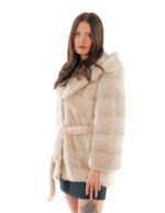 Horizontal Mink Jacket Hood with Low-Cut Collar 42 Beige Cream Long Sleeve Belt - Image 4
