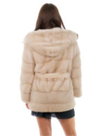 Horizontal Mink Jacket Hood with Low-Cut Collar 42 Beige Cream Long Sleeve Belt - Image 6