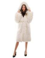 Cappotto volpe bianco 44 lungo 108 centimetri manica lunga cintura esterna in pelle cappuccio enorme