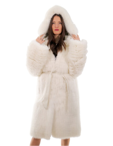 Cappotto volpe bianco 44 lungo 108 centimetri manica lunga cintura esterna in pelle cappuccio enorme