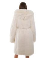 Cappotto volpe bianco 46 lungo 108 centimetri manica lunga cintura esterna in pelle cappuccio enorme