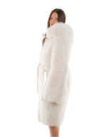 Cappotto volpe bianco 48 lungo 108 centimetri manica lunga cintura esterna in pelle cappuccio enorme