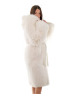 Cappotto volpe bianco 48 lungo 108 centimetri manica lunga cintura esterna in pelle cappuccio enorme